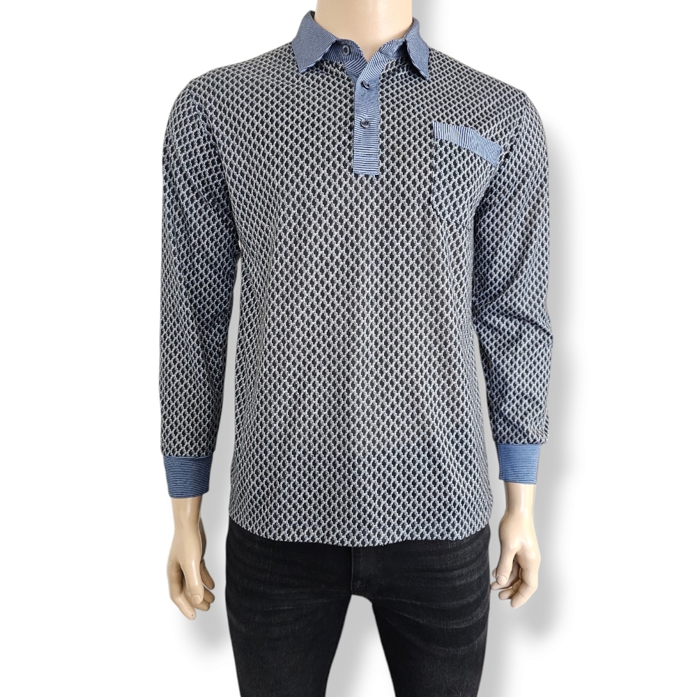 Thomas Hardy Vintage Black & Blue Retro Geometric Print Long Sleeve Polo Shirt